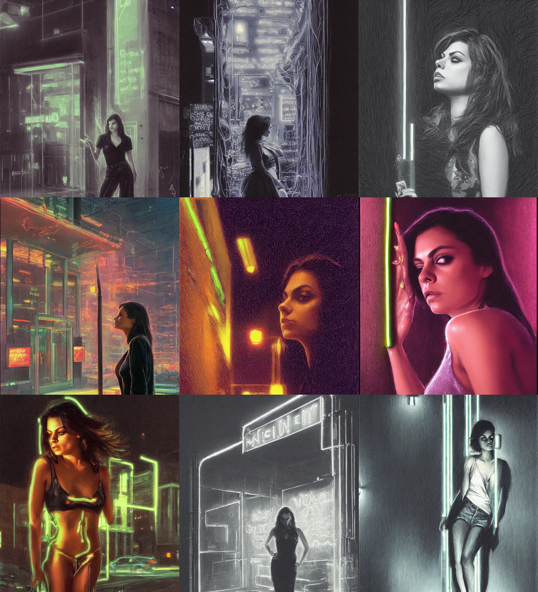 Prompt: foggy neon night, mila kunis leaning against a wall smoking a cigarette outside a neon lit entrance, 1 9 8 0 s, intricate, elegant, tasteful, highly detailed, shallow depth of field, artgerm, donato giancola, joseph christian leyendecker