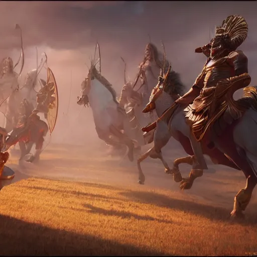 Image similar to scene from mahabharata with, cinematic, atmospheric, volumetric light, high octane render, backlight, 1 6 k, high definition render, unreal 5 engine, hyperrealism, in the style of ridley scott, hayao miyazaki, frank bairstow, james cameron, artgerm, marvel comics, steven spielberg, craig mullins