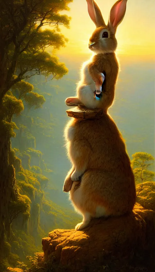 Image similar to rabbit looking off of a cliff, sun setting behind rabbit, lush forest in valley below, painted by tom bagshaw, james gurney, gaston bussiere, craig mullins, j. c. leyendecker 8 k