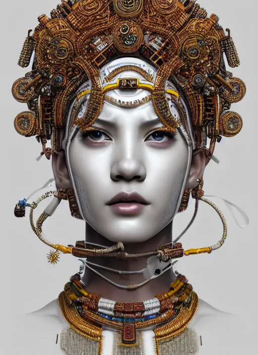 Prompt: white statue!! portrait of a cyberpunk machine, machine face, upper half portrait, decorated with beads, african man, traditional chinese art, intricate, elegant, highly detailed, headpiece, digital painting, artstation, concept art, smooth, sharp focus, illustration, art by artgerm and greg rutkowski and alphonse mucha, 8 k