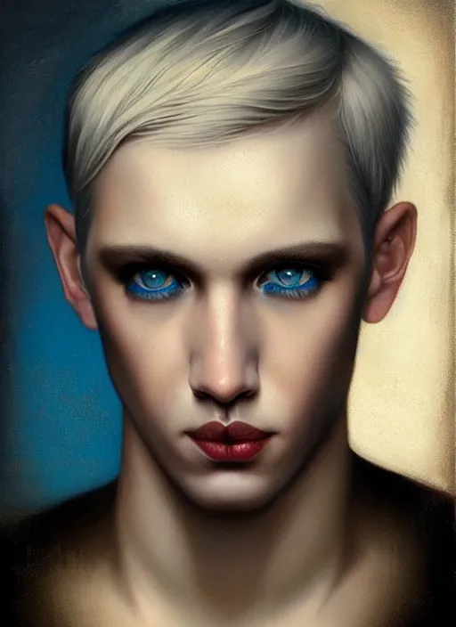 Image similar to an unnerving portrait of a male with beautiful blue eyes and short blond hair, art tom bagshaw