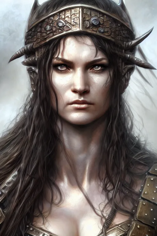 Image similar to head and shoulders portrait of a barbarian, female, high fantasy, dnd, face details, extremely detailed, smooth, sharp focus, digital illustration, by luis royo, magali villeneuve, donato giancola, wlop, krenz cushart, artgerm