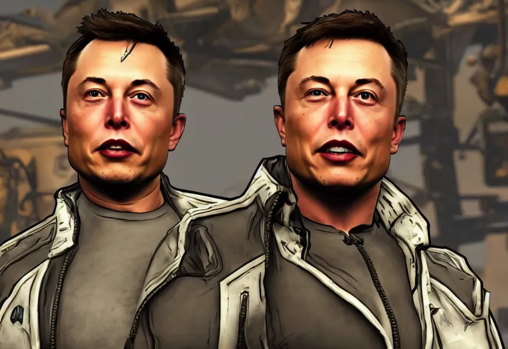 Prompt: elon musk in borderlands elon musk in the video game borderlands, gameplay screenshot, close up, 3 d rendering. unreal engine. amazing likeness. very detailed.