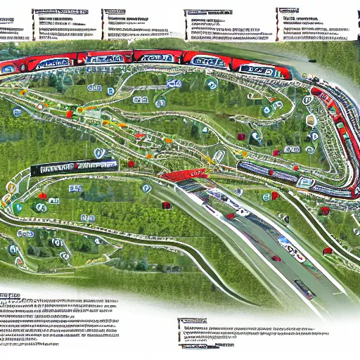 Prompt: top down view of an F1 racetrack map layout. Bowsers Castle viciousness trail map.