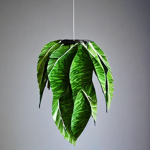 Prompt: a hanging lamp in the shape of leaves and plants