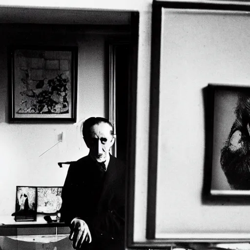 Image similar to underexposed photo of Marcel Duchamp in a room full with an ancient machine, tri-x, Irving Penn, Jeff Wall, archival pigment print, contemporary art