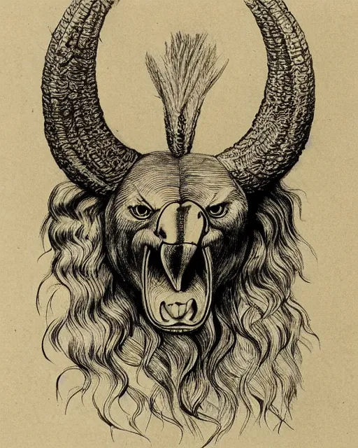 Image similar to human / eagle / lion / ox hybrid. horns, beak, mane. drawn by da vinci