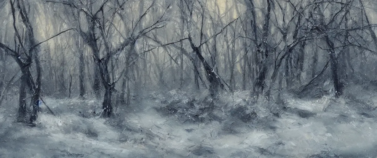 Prompt: the severe wind roars through an abstract forest in winter, cold lighting, oil painting, by Zhao Wuji