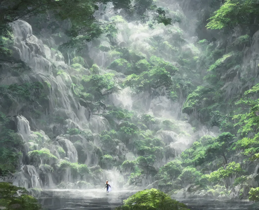 Prompt: two figures grappling in a misty japanese bamboo forest, cell shaded, huge waterfall, large rocky mountain, drawing, stylized anime, sun rays, soft, by hayao miyazaki, ghibli studio, makoto shinkai, toei animation, studio trigger, trending on artstation, 4 k, hd
