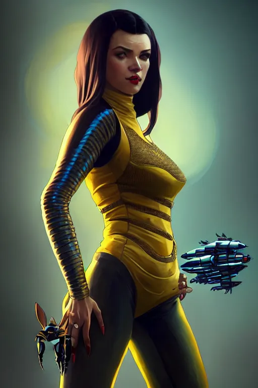 Image similar to gta 5 queen bee profile picture by greg rutkowski, cybernetic wings, dynamic pose, intricate, futuristic, fantasy, elegant, by stanley artgerm lau, greg rutkowski, thomas kindkade, alphonse mucha, loish, norman rockwell, fantasy lut, asymmetric, long hair, retro computer graphics, video game, fluid lines,