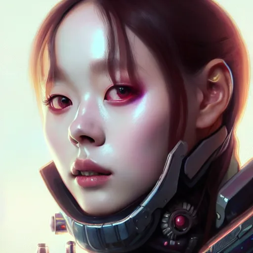 Prompt: portrait painting of cyberpunk chuu from loona as a happy mercenary, ultra realistic, concept art, intricate details, eerie, highly detailed, photorealistic, octane render, 8 k, unreal engine. art by artgerm and greg rutkowski and magali villeneuve and alphonse mucha
