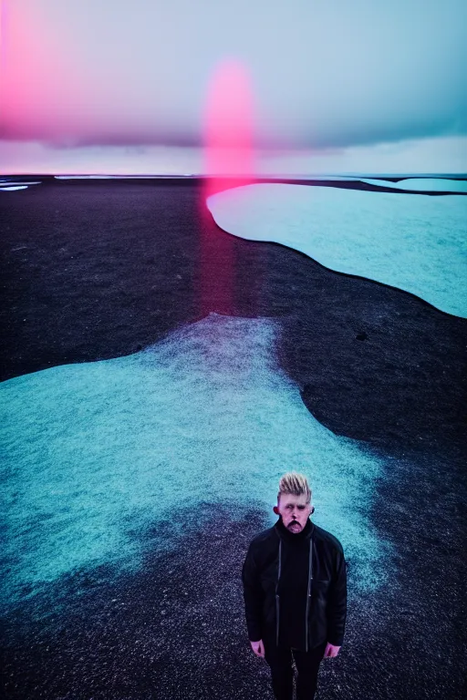 Image similar to high quality pastel coloured film wide angle selfie photograph of a plain looking male with cyber enhancement standing in an icelandic black rock environment. sarcastic expression. three point light. photographic. art directed. pastel colours. volumetric light. stark. waves glitch. 8 k. filmic.