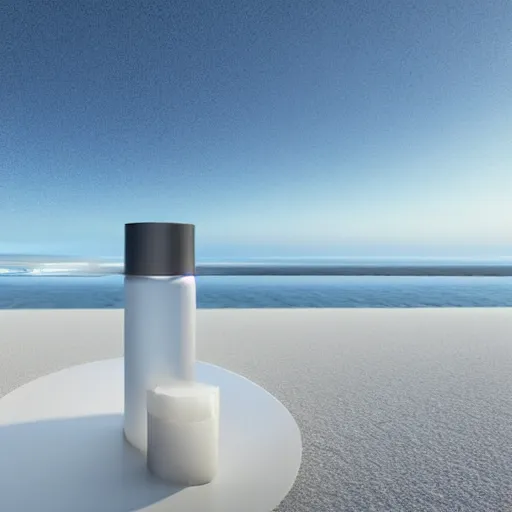 Image similar to perfume bottle buried white daisies on a zen clean modern minimalist beach with an ocean view, frozen and covered in ice, by peter tarka in an ivory room well contoured smooth fair walls, zaha hadid octane highly render, 4 k, ultra hd,