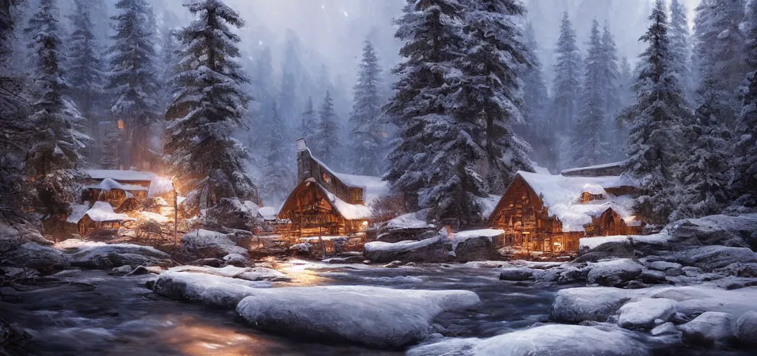 Prompt: cozy lodge beside a river stream in the canadian wilderness in winter, dramatic lighting, cinematic, establishing shot, extremely high detail, photo realistic, cinematic lighting, post processed, concept art, artstation, matte painting, style by eddie mendoza, raphael lacoste, alex ross