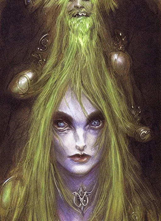 Image similar to portrait of lithe female sorceress of the fey, beautiful! coherent! dungeons and dragons character, by brian froud, strong line, night color, high contrast