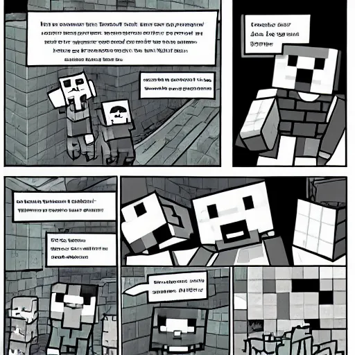 Prompt: Minecraft comic page, inked, superhero comic