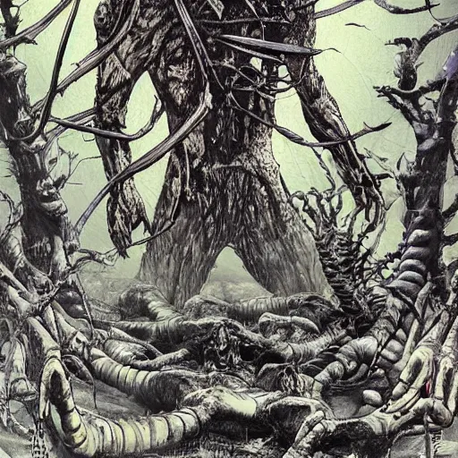 Image similar to sci - fi, hunters of monsters walking in a meat and bone forest, art by tetsuo hara