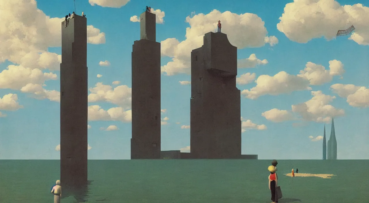 Prompt: single flooded simple! cosmic tower!, very coherent and colorful high contrast!! masterpiece by rene magritte simon stalenhag carl spitzweg syd mead norman rockwell edward hopper james gilleard, minimalist, dark shadows, sunny day, hard lighting