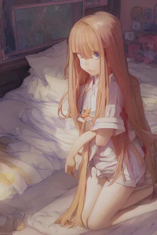 Prompt: a masterpiece digital art of a loli with blonde long hair in a jk uniform outfit in bedroom in after noon, by krenz cushart and mucha and akihito yoshida and greg rutkowski and makoto shinkai, detailed eyes, 4 k resolution 、 trending on art station