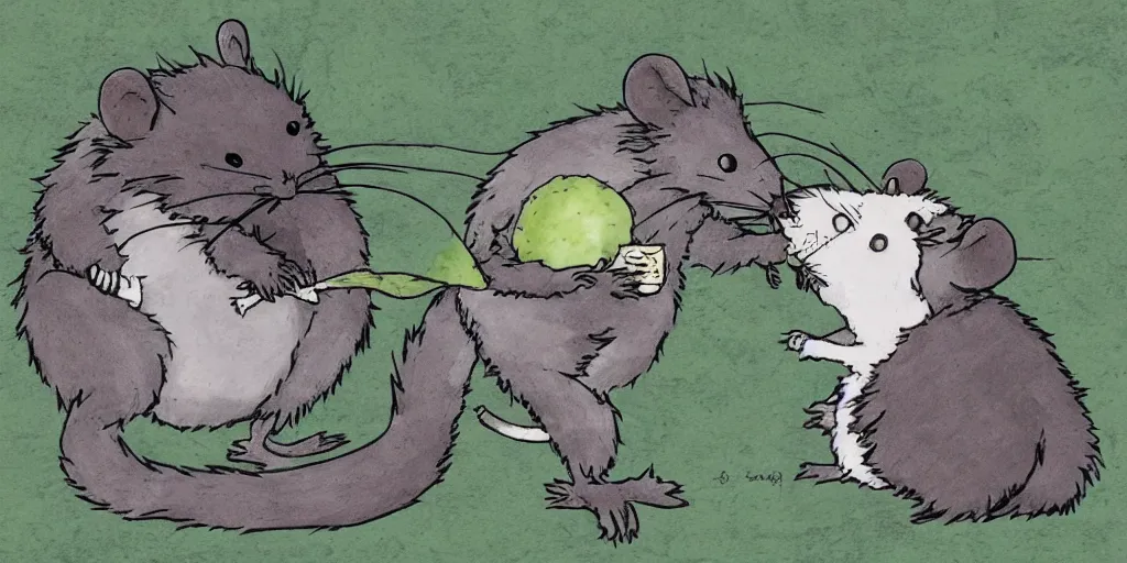 Prompt: gray, fluffy rat eating avocado, in the style of studio Ghibli  -H 1024