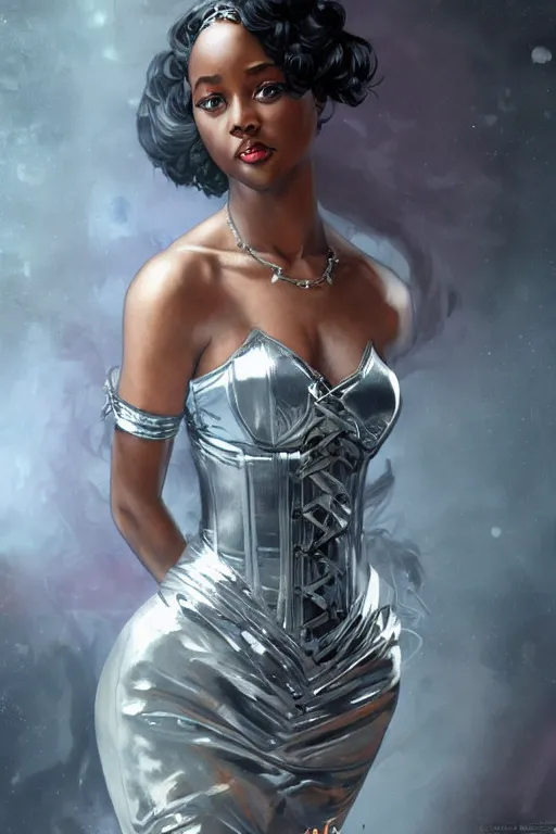 Image similar to cute black woman wearing a silver chrome corset dress, fantasy, intricate, highly detailed, digital painting, artstation, concept art, wallpaper, smooth, sharp focus, illustration, swirling energy, art by artgerm and greg rutkowski and alphonse mucha