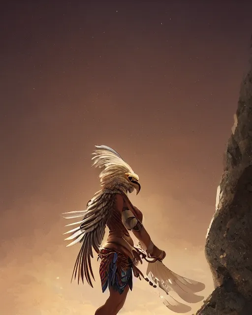 Prompt: an anthropomorphic eagle warrior standing heroically on a rock. She is wearing tribal armor, she has the head of a eagle, she has two brown wings on her back, she has feathers, she is a eagle human hybrid. trees. atmospheric lighting, stunning, brave. Eagle girl. By Makoto Shinkai, Stanley Artgerm Lau, WLOP, Rossdraws, James Jean, Andrei Riabovitchev, Marc Simonetti, krenz cushart, Sakimichan, D&D trending on ArtStation, digital art.