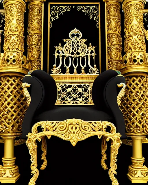 Image similar to royal ornate black ebony throne of realistic detailed owl sanctuary stronghold fortress with golden filigree carved out of ivory, gold royal columns