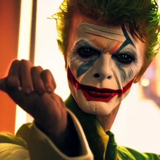 Image similar to awe inspiring David Bowie pkaying The Joker 8k hdr movie still dynamic lighting