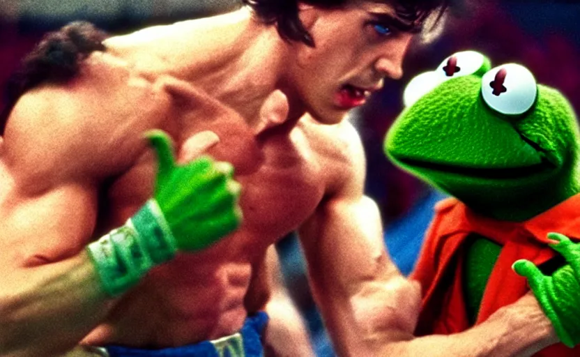 Image similar to the movie rocky except it's kermit the frog