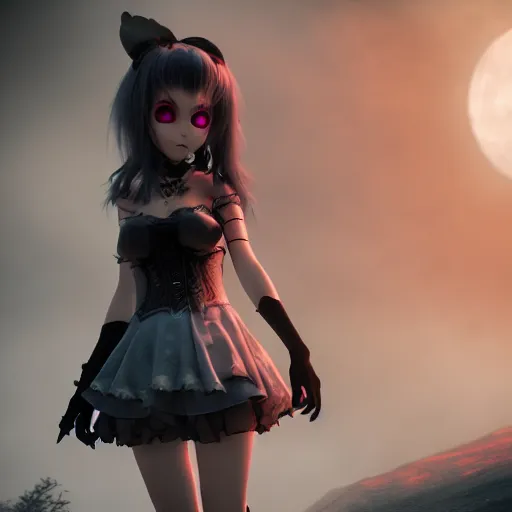 Image similar to full shot portrait of angry darkness Clara Morgane as a cute anime girl at moonlight, snowing, gothic wearing, inspired by Tim Burton, Amano, detailed, unreal engine 4k volumetric light, fog,