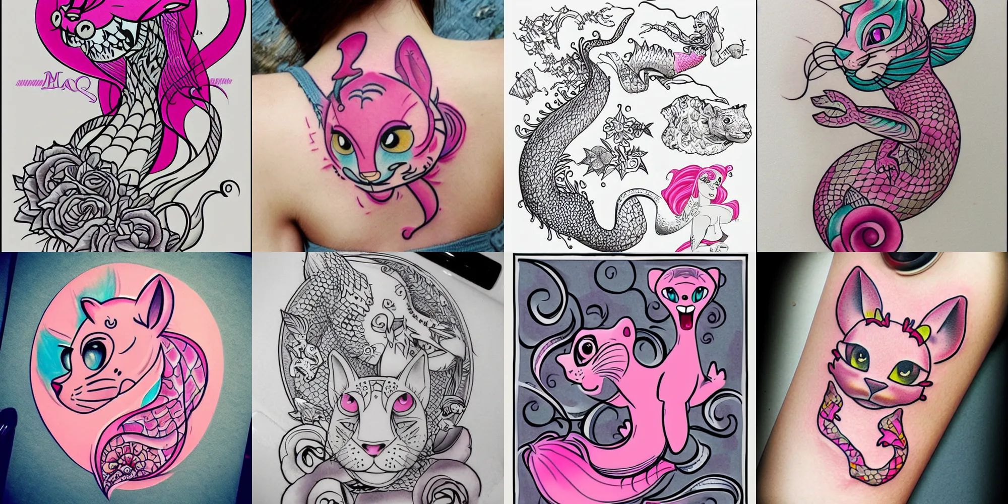 Prompt: tattoo flash, pink panther, mermaid