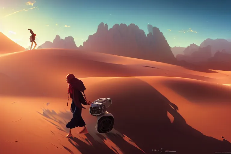 Image similar to computer programmer lost in the desert, dragging a broken computer, single subject, mountaineous background, scenic full shot, ambient lighting, detailed face, by makoto shinkai, stanley artgerm lau, wlop, rossdraws