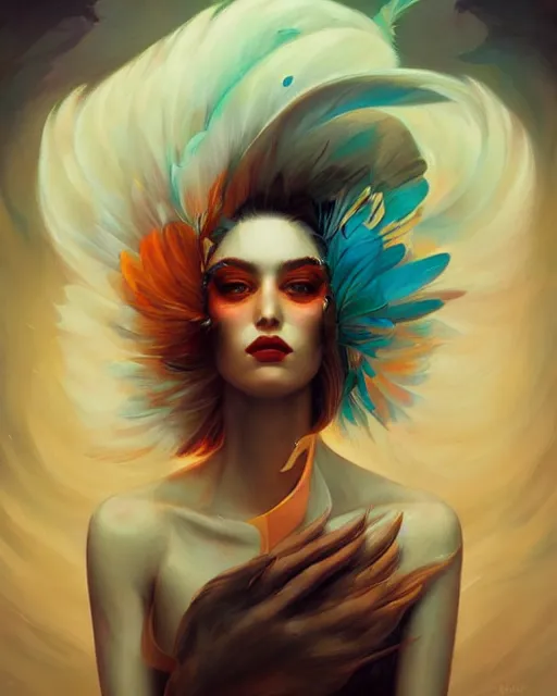 Image similar to beautiful feathered beauty portrait, artgerm, peter mohrbacher, radiant light, swirling feathers