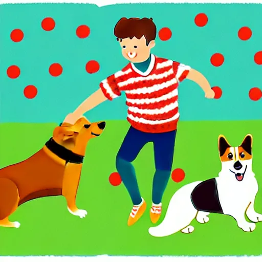 Image similar to illustration of french boy playing football with a corgi wearing a polka dot scarf in paris