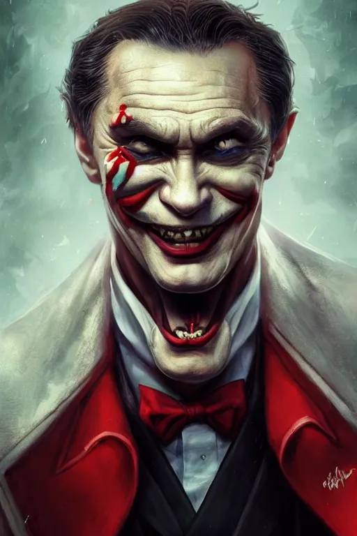 Image similar to vladimir putin as a joker, realistic, high definition, 4 k, shimmering color, hyper detailed, art of greg rutkowski and magali villeneuve and artgerm