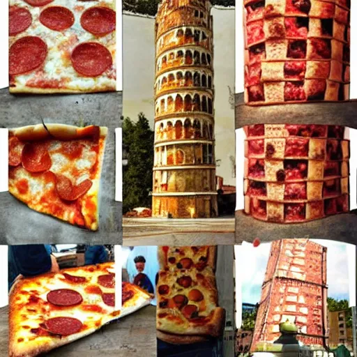 Image similar to a picture of the leaning tower piza but it's made out pizza