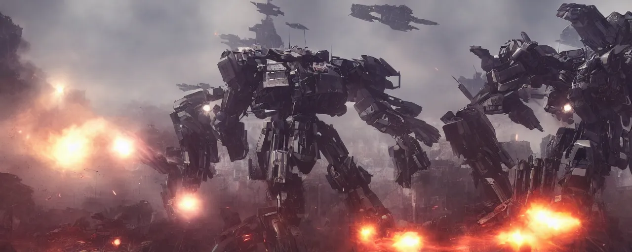 Image similar to armored core mechas battle for the ruins of san francisco, cinematic lighting, wide lens, particles, bokeh, octane render, volumetric light, smoke