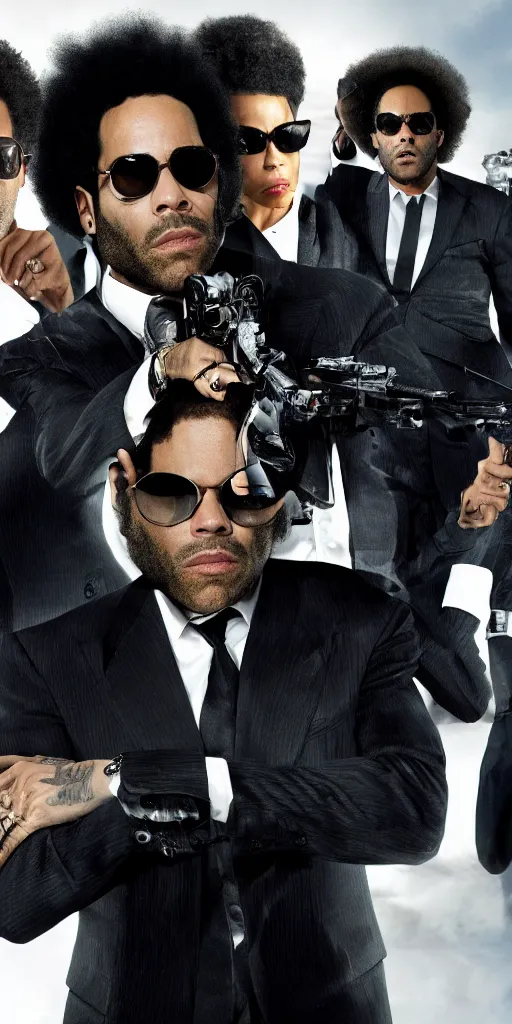 Image similar to lenny kravitz as men in black agent, only one head on the picture, dynamic movie still, detailed 8 k photorealistic portrait, imdb poster style