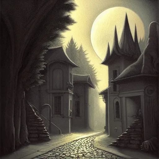 Prompt: in the style of gerald brom, caravaggio, beautiful small town, houses and buildings, 1 8 0 0 s, cobblestone roads, low light, low large moon, trees, forest in the distance, light mist creature lurking in the shadows