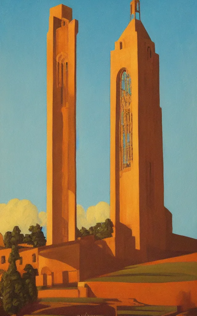 Image similar to a painting of Coughlin Campanile in Brookings South Dakota, golden hour, an art deco painting by Grant Wood, featured on behance, american scene painting, movie poster, poster art, concert poster