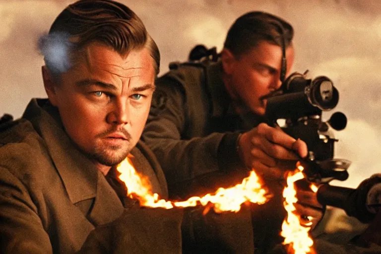 Prompt: leonardo dicaprio using a flamethrower on the nazis, movie still, cinematic, lens flare, directed by quentin tarantino