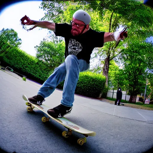 Image similar to walter white skateboarding, fisheye lens, sunny day