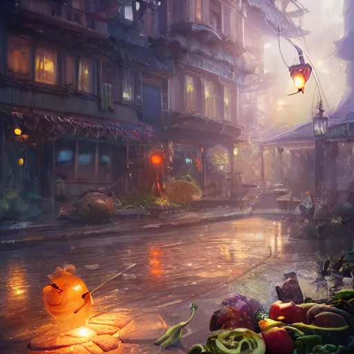 Prompt: a magical fight of vegetables as a magical creatures, cute, clean clear face,in a steampunk city by Greg rutkowski,sung Choi, photorealistic ,8k,cinematic lighting, hd, high detailed, atmospheric, trending on artstation