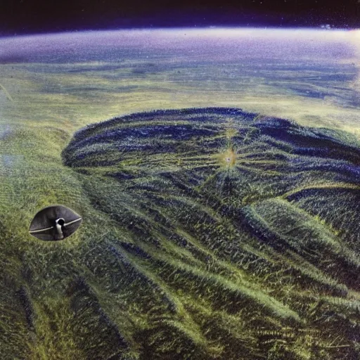 Prompt: admiral byrds journey. under the earth. strange part of antartica, green valley below, lush and green, green pastures stretch for miles, secret photograph of declassified ufo base in antarctica, operation highjump, recolored, 4 k, shiny city in the distance, strange craft above the horizon