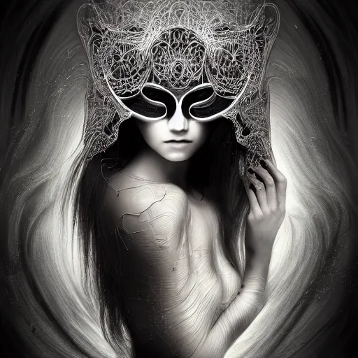 Image similar to portrait of a young beautiful woman with a mask. contemporary photograph and speed painting and fractal and mandelbulb and lines and scribble art. black and white. intricate, elegant, super highly detailed, professional digital painting, artstation, concept art, smooth, sharp focus, no blur, no dof, extreme illustration, Unreal Engine 5, Photorealism, HD quality, 8k resolution, cinema 4d, 3D, beautiful, cinematic, art by artgerm and greg rutkowski and alphonse mucha and loish and WLOP