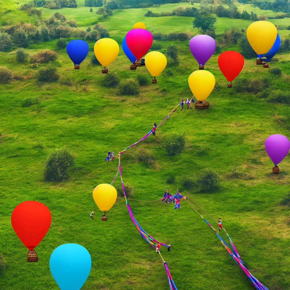 Image similar to large colorful balloons with people on rope swings underneath, flying high over the beautiful countryside landscape, professional photography, 8 0 mm telephoto lens, realistic, detailed, digital art, unreal engine