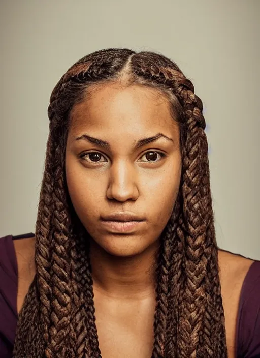 Prompt: portrait of a 2 3 year old woman, symmetrical face, brown braided hair, she has the beautiful calm face of her mother, slightly smiling, ambient light