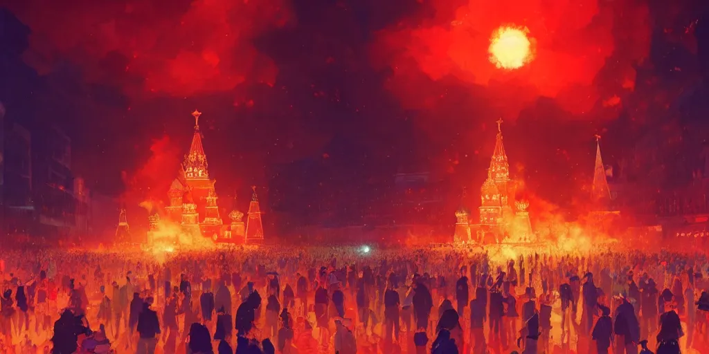 Prompt: high quality picture of burning Red Square in Moscow in flame, rich vivid colors, ambient lighting, dynamic lighting, 4k, HQ, official media, anime key visual, makoto shinkai, ilya kuvshinov, lois van baarle, rossdraws, detailed, trending on artstation