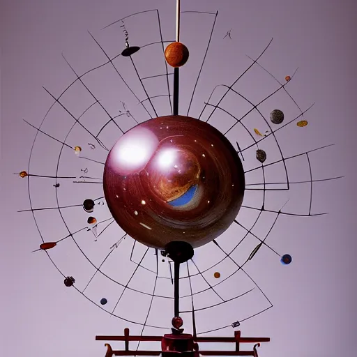 Prompt: a kinetic sculpture of this solar system, sun, orrery, canon 5 d 5 0 mm lens, papier - mache, studio, 1 9 7 6