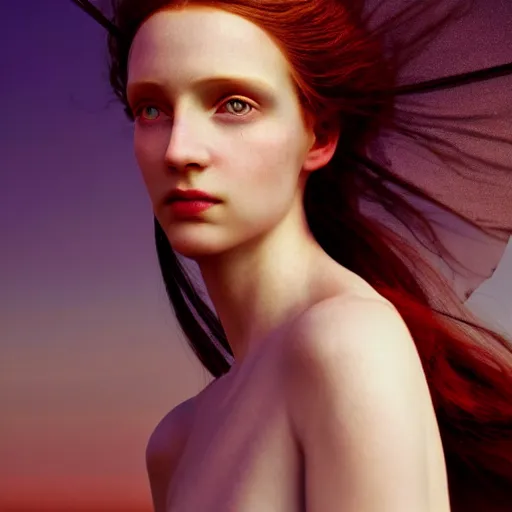 Image similar to photographic portrait of a stunningly beautiful english renaissance female in soft dreamy light at sunset, beside the sea, soft focus, contemporary fashion shoot, in a tim burton movie, by edward robert hughes, annie leibovitz and steve mccurry, david lazar, jimmy nelsson, extremely detailed, breathtaking, hyperrealistic, perfect face, octane render